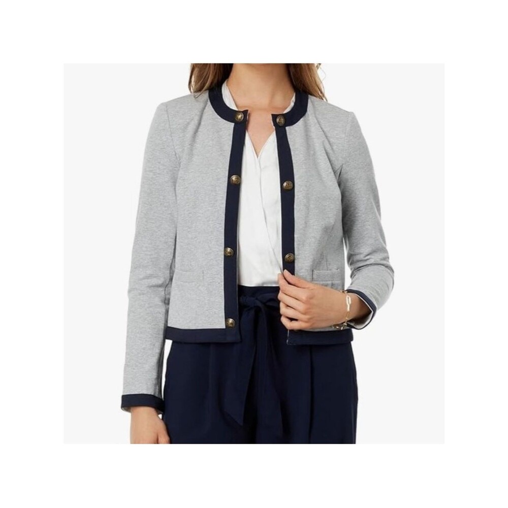 Tommy Hilfiger Light Gray and Navy Contrast Trim Cropped Collarless Blazer Med